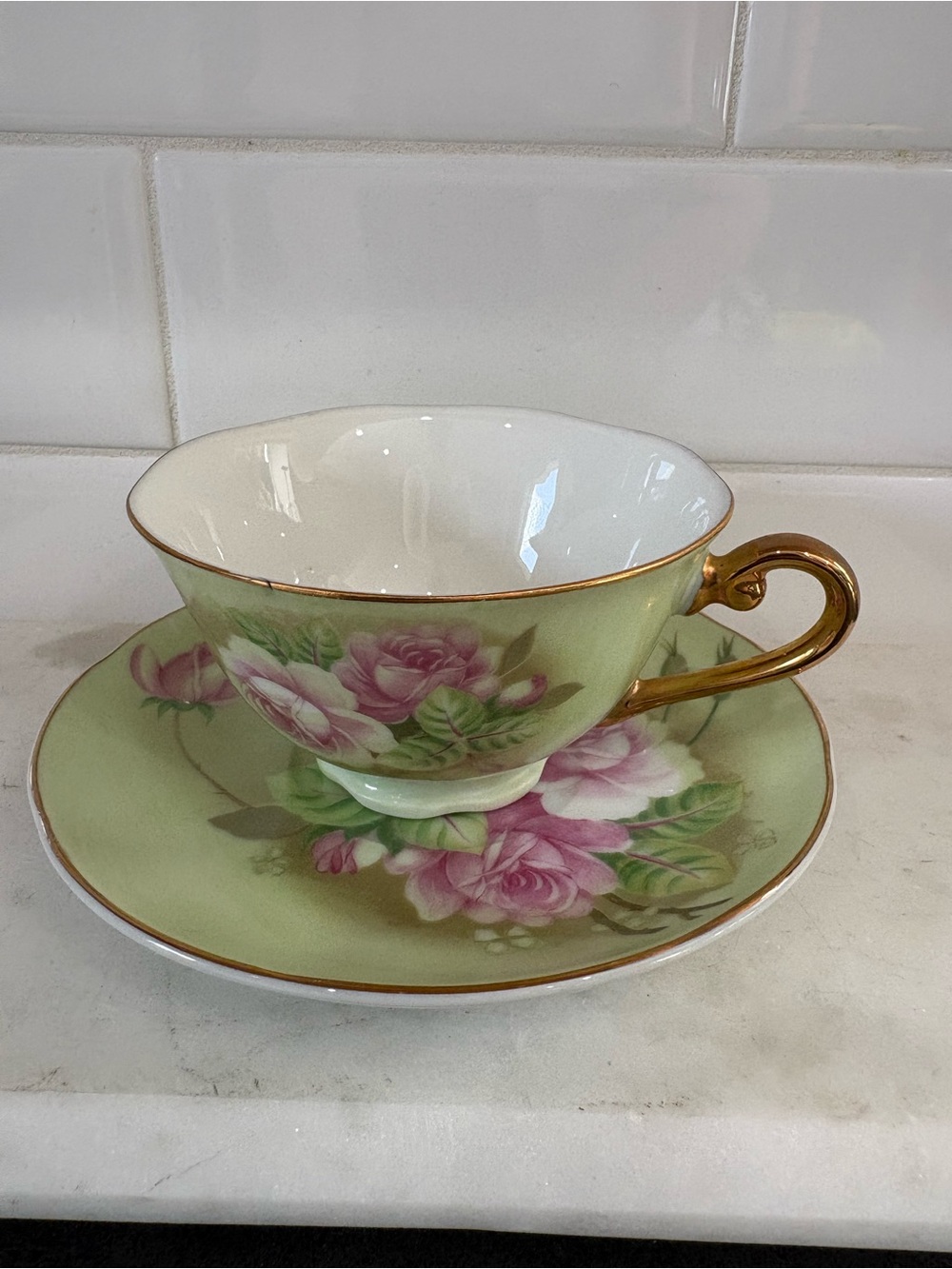 Lefton Green Floral Teacup and Saucer with Pink Roses and Gold Trim Handpainted